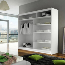 Bega X180 Wardrobe 180Cm With Sliding Doors Mirro Hanging Rail Shelves Modern Bedroom Storage White Led - thumbnail 3