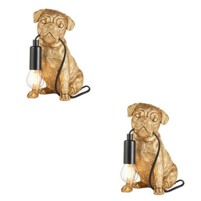 Loops Charming Set Of 2 Vintage Gold Pug Puppy Table Lamps For Dog Lovers - image 1