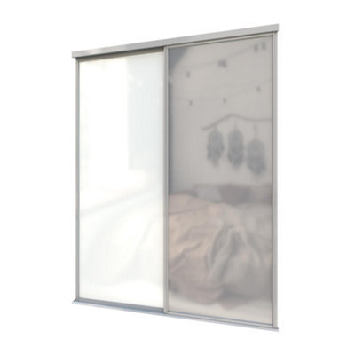 A-Class Sliding Doors Set Of 2 White Glass & Mirror Sliding Wardrobe Door Kit, Silver Frame & Tracks, Opening Height (H) 225-226Cm & Width (W) 149-150Cm - image 1