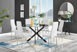 Furniturebox Uk Novara Black Leg 120Cm Round Glass Dining Table & 6 White Milan Chrome Leg Chairs - thumbnail 1