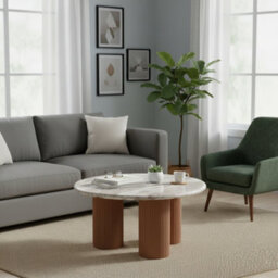 Ajmer Round Natural Marble Top & Wood 3 Pedstal Legs Coffee Table