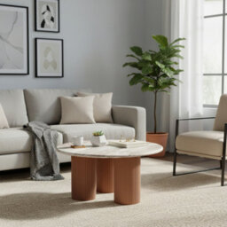 Ajmer Round Natural Marble Top & Wood 3 Pedstal Legs Coffee Table - thumbnail 6