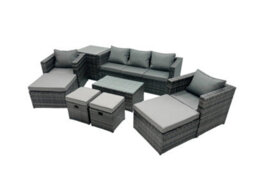 Fimous Outdoor Coffee Table Sofa Armchair Set With Side Table 2 Big Stools 2 Small Footstools Garden Furniture Set Dark Grey Mixed - thumbnail 1