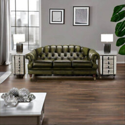 Chesterfield 3 Seater Antique Olive Leather Sofa Settee In Victoria Style - thumbnail 2