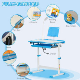 Homcom Kids Study Desk And Chair Set W/ Usb Lamp, Adjustable Height, Blue - thumbnail 7