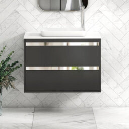 Royal Bathrooms Orion 800mm Matt Obsidian Black Wall Hung Plain White Countertop Vanity Unit 2 Drawer With Qubix Basin & Chrome Accent Trim - thumbnail 2