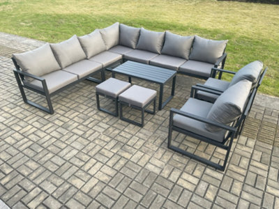 Fimous Aluminium Outdoor Garden Furniture Set Lounge Corner Sofa 2 Pcs Chair Oblong Coffee Table Sets With 2 Small Footstools