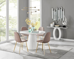 Furniturebox Palma White Marble Effect Round 4-6 Seater Pedestal Dining Table & 4 Cappuccino Corona Faux Leather Gold Leg Chairs