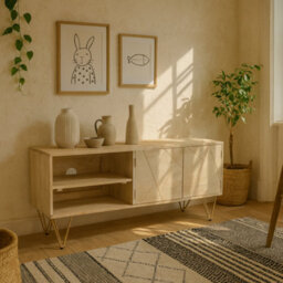 Wyld Haus Bali Light Natural Mango Wood Tv Media Unit With Gold Metal Inlays