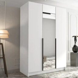 Minimalist Three Door Wardrobe Calia Ii With One Door Mirrored White With Black Handles - thumbnail 1