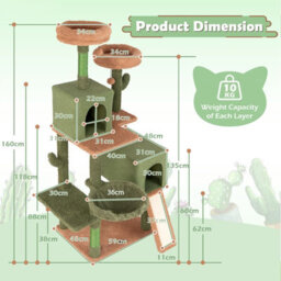 Costway 160 Cm Tall Modern Cat Tree Green Cactus Cat Tower W/hammock - thumbnail 2
