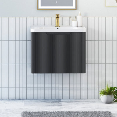 Royal Bathrooms Avenza 600mm Fluted Wall Hung Vanity Unit Matt Obsidian Black 1 Drawer Storage Cabinet With Ceramic Basin - image 1
