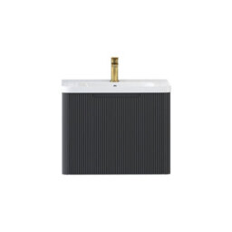 Royal Bathrooms Avenza 600mm Fluted Wall Hung Vanity Unit Matt Obsidian Black 1 Drawer Storage Cabinet With Ceramic Basin - thumbnail 7
