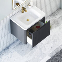 Royal Bathrooms Avenza 600mm Fluted Wall Hung Vanity Unit Matt Obsidian Black 1 Drawer Storage Cabinet With Ceramic Basin - thumbnail 3
