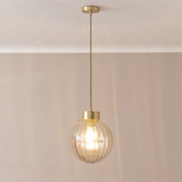 Valuelights Chessy Ribbed Glass Globe Brushed Gold Capped Ceiling Pendant Light With Bulb - thumbnail 1
