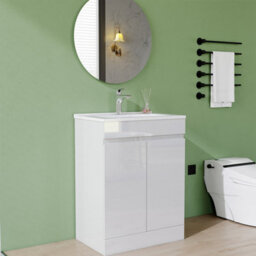 AVER-GROWTH 600mm Vanity Unit With Basin Gloss White Ceramic Sink Floor Standing Bathroom Storage Cabinet Soft Close Hinges 2 Doors - thumbnail 2