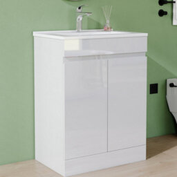 AVER-GROWTH 600mm Vanity Unit With Basin Gloss White Ceramic Sink Floor Standing Bathroom Storage Cabinet Soft Close Hinges 2 Doors