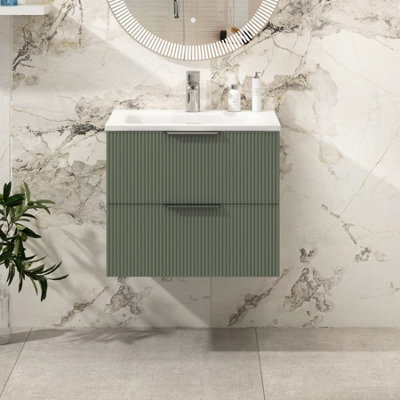 Royal Bathrooms Evora 600mm Sage Green Fluted Wall Hung Bathroom Vanity Unit 2 Drawer Cabinet Storage With Stone Basin Sink - 1 Tap Hole - image 1