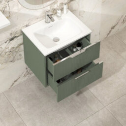 Royal Bathrooms Evora 600mm Sage Green Fluted Wall Hung Bathroom Vanity Unit 2 Drawer Cabinet Storage With Stone Basin Sink - 1 Tap Hole - thumbnail 3