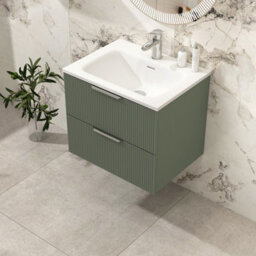 Royal Bathrooms Evora 600mm Sage Green Fluted Wall Hung Bathroom Vanity Unit 2 Drawer Cabinet Storage With Stone Basin Sink - 1 Tap Hole - thumbnail 4