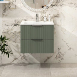 Royal Bathrooms Evora 600mm Sage Green Fluted Wall Hung Bathroom Vanity Unit 2 Drawer Cabinet Storage With Stone Basin Sink - 1 Tap Hole