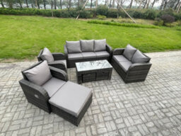 Fimous Rattan Garden Furniture Set Rattan Lounge Sofa Set With Rectangular Coffee Table 3 Footstools Dark Grey Mixed - thumbnail 2
