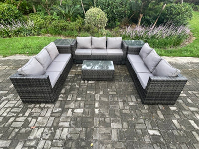 Fimous 9 Seater Outdoor Lounge Sofa Set Wicker Rattan Garden Furniture Set With Oblong Coffee Table Side Tables Dark Grey Mixed - image 1