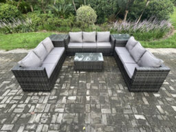 Fimous 9 Seater Outdoor Lounge Sofa Set Wicker Rattan Garden Furniture Set With Oblong Coffee Table Side Tables Dark Grey Mixed - thumbnail 2