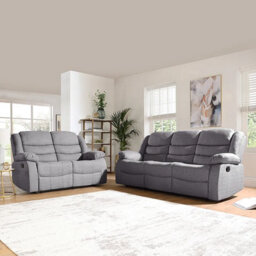Furnishings For Less UK Manhattan Grey Fabric Sofa Suite Manual Reclining Sofa Set 3 + 2 Seater Sofas With Drinks Tray High Back - thumbnail 1