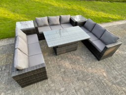 Fimous U Shape Rattan Gardern Furniture Lounge Dining Sofa Set  Adjustable Rising Table With 2 Corner Side Table