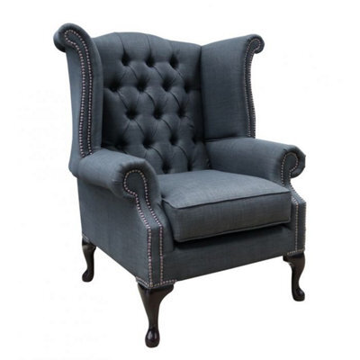 Chesterfield High Back Wing Chair Charles Grey Real Linen Fabric In Queen Anne Style - image 1