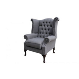 Chesterfield High Back Wing Chair Charles Grey Real Linen Fabric In Queen Anne Style - thumbnail 3