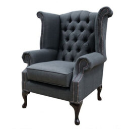 Chesterfield High Back Wing Chair Charles Grey Real Linen Fabric In Queen Anne Style - thumbnail 2