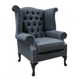 Chesterfield High Back Wing Chair Charles Grey Real Linen Fabric In Queen Anne Style