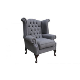 Chesterfield High Back Wing Chair Charles Grey Real Linen Fabric In Queen Anne Style - thumbnail 4