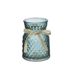 Pretty Decorative Glass Posy Vase, Mineral Blue Colour With Removable Ribbon. H13.5 Cm