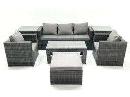 Fimous Rattan Garden Furniture Set Outdoor Lounger Sofa With Coffee Table 2 Armchair Big Footstool 2 Side Tables Dark Grey Mixed - thumbnail 2