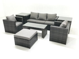 Fimous Rattan Garden Furniture Set Outdoor Lounger Sofa With Coffee Table 2 Armchair Big Footstool 2 Side Tables Dark Grey Mixed - thumbnail 1