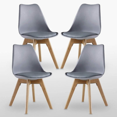 Life Interiors Set Of 4  Grey Scandinavian Dining Chairs With Leather Cushions Solid Wood Legs - image 1