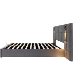 Abrihome Grey Velvet Hydraulic Storage Bed 4Ft6 With Usb Charging & Directional Lamp - Double Upholstered Bed Frame With Wide Headboard - thumbnail 9