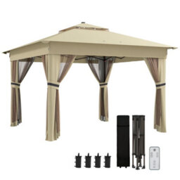 Outsunny 3.36X3.36M Pop Up Gazebo W/ Solar-Powered Led Lights Netting Khaki - thumbnail 2