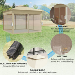 Outsunny 3.36X3.36M Pop Up Gazebo W/ Solar-Powered Led Lights Netting Khaki - thumbnail 5