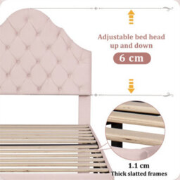 Abrihome Upholstered Bed With Height-Adjustable Headboard, Youth Bed, Single Bed, Wooden Slat Support, Easy Assembly, Velvet, Pink - thumbnail 3