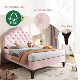 Abrihome Upholstered Bed With Height-Adjustable Headboard, Youth Bed, Single Bed, Wooden Slat Support, Easy Assembly, Velvet, Pink - thumbnail 4