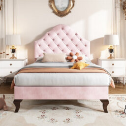 Abrihome Upholstered Bed With Height-Adjustable Headboard, Youth Bed, Single Bed, Wooden Slat Support, Easy Assembly, Velvet, Pink - thumbnail 9