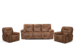Suede Brown Faux Leather 3 + 1 + 1 Seater Manual Recliner Sofa And Armchair Set For Living Room Murcia - thumbnail 2