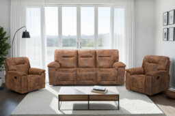 Suede Brown Faux Leather 3 + 1 + 1 Seater Manual Recliner Sofa And Armchair Set For Living Room Murcia - thumbnail 1