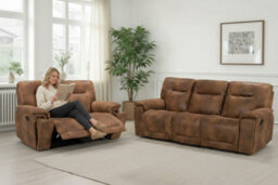Suede Brown Faux Leather 3 + 1 + 1 Seater Manual Recliner Sofa And Armchair Set For Living Room Murcia - thumbnail 8