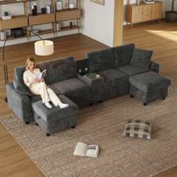 Fenchilin U-Shaped Sectional Sofa With 2 Movable Storage Ottomans Cup Holders Luxury Couch For Living Room Grey - thumbnail 2