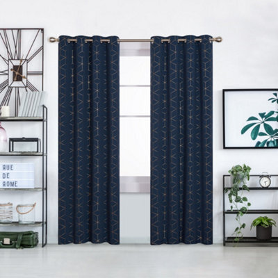 Deconovo Blackout Curtains, Gold Diamond Printed Thermal Curtains, Eyelet Curtains For Bedroom, 46 X 90 Inch, Navy Blue, One Pair - image 1